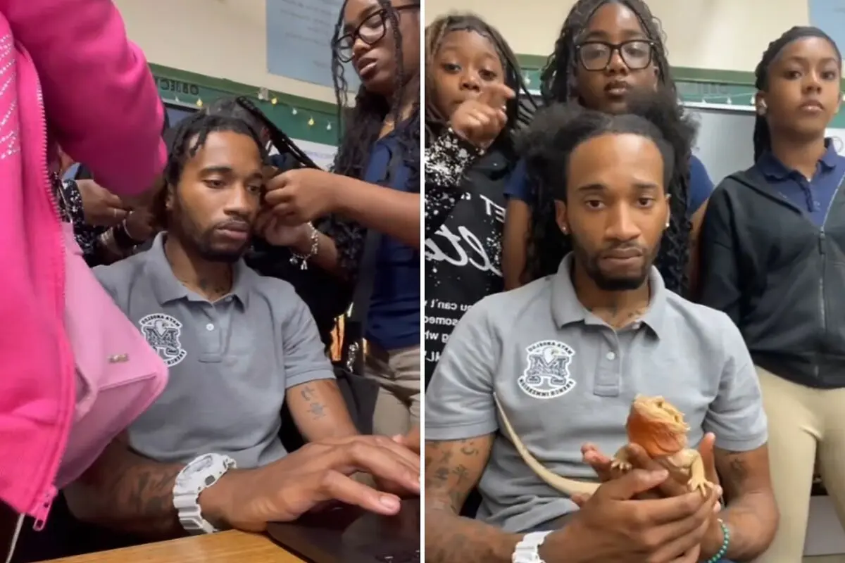 students unbraiding teachers hair